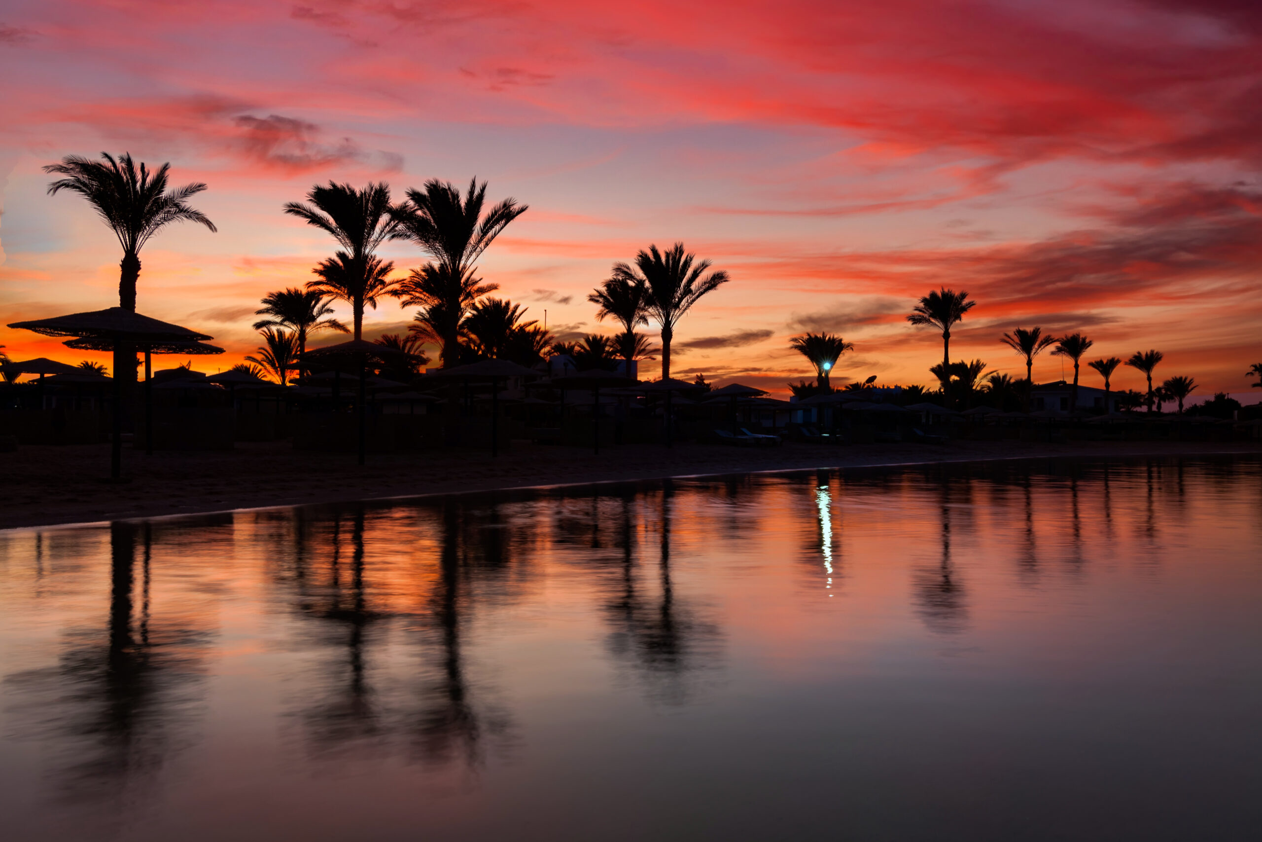 Sunset at the beach with palm trees, parasols and sunbeds. Family Holidays at Sea.