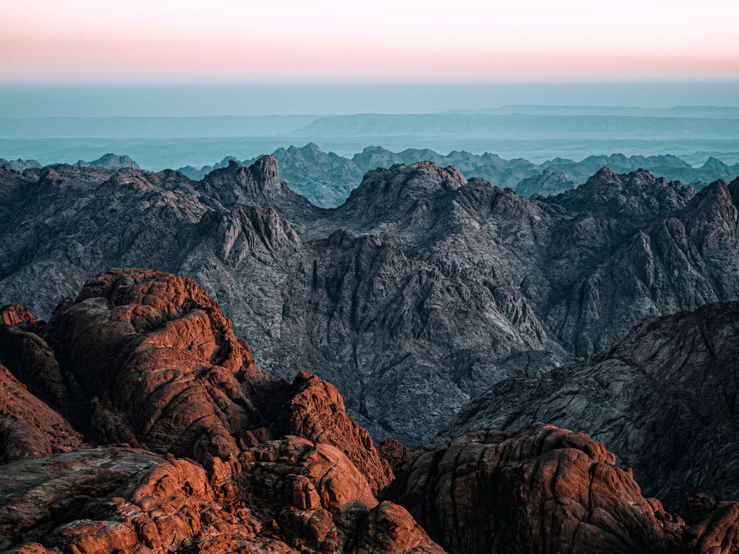 The Sinai rocky mountains near Saint Catherine town, Egypt at scenic sunset